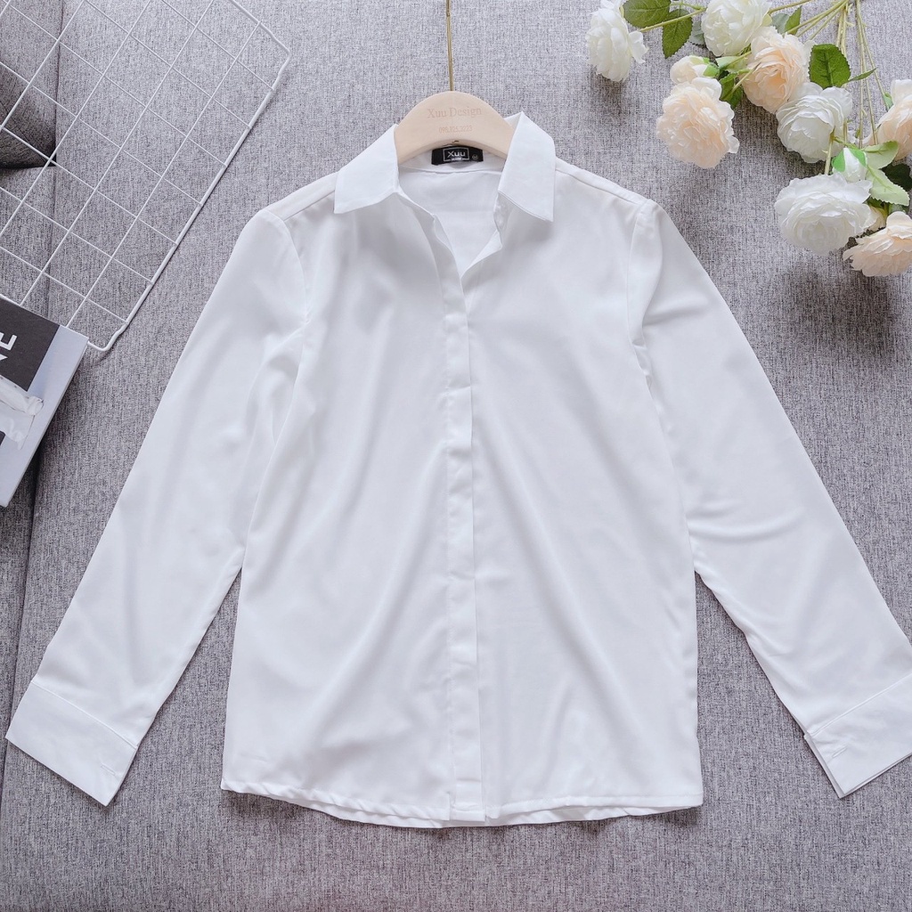 Áo sơ mi trắng nữ công sở kiểu tay dài nút ẩn cao cấp chất vải lụa đẹp Wexuu Design- SM01SP