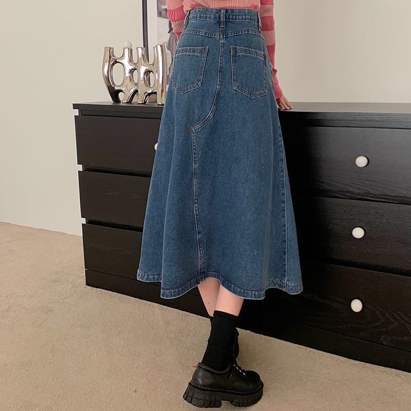 Chân váy jean dài chân váy bò dài chân váy xếp ly Chân Váy Denim Dài Lưng Cao Phong Cách Retro Thời Trang Xuân Thu Mới Cho Nữ
