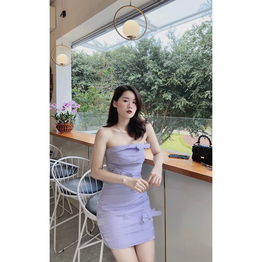 Váy cup ngực hoạt tiết nơ màu tím pastel