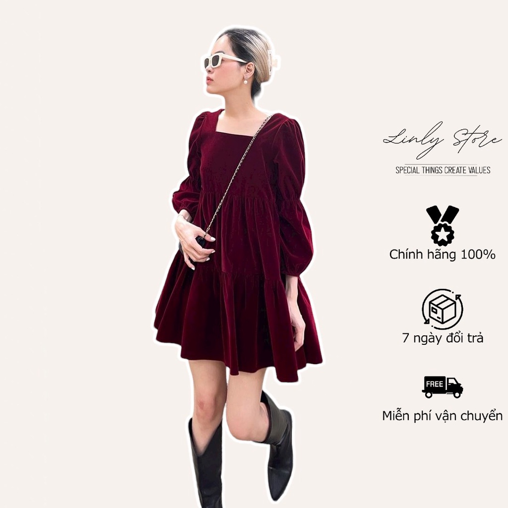 Váy kiểu nữ cổ vuông tay lỡ Linly Store dáng ngắn chất nhung