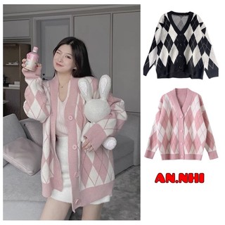 Áo khoác len cardigan nữ họa tiết kẻ sọc kim cương phong cách Hàn Quốc ảnh thật 100%