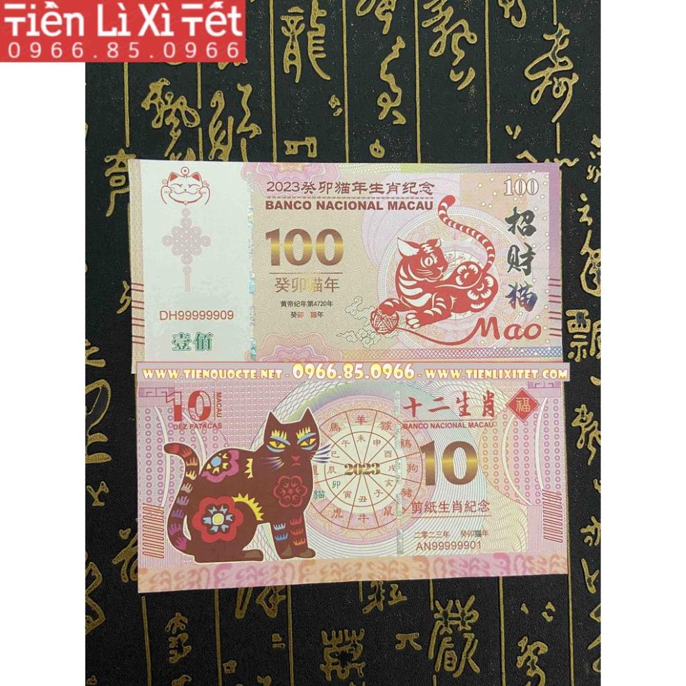 Bộ 2 tấm Quà tết 2023 lì xì Tiền Con mèo từ Macao, tờ Tiền 10&amp;100 Patacas siêu đẹp, siêu rẻ 2023