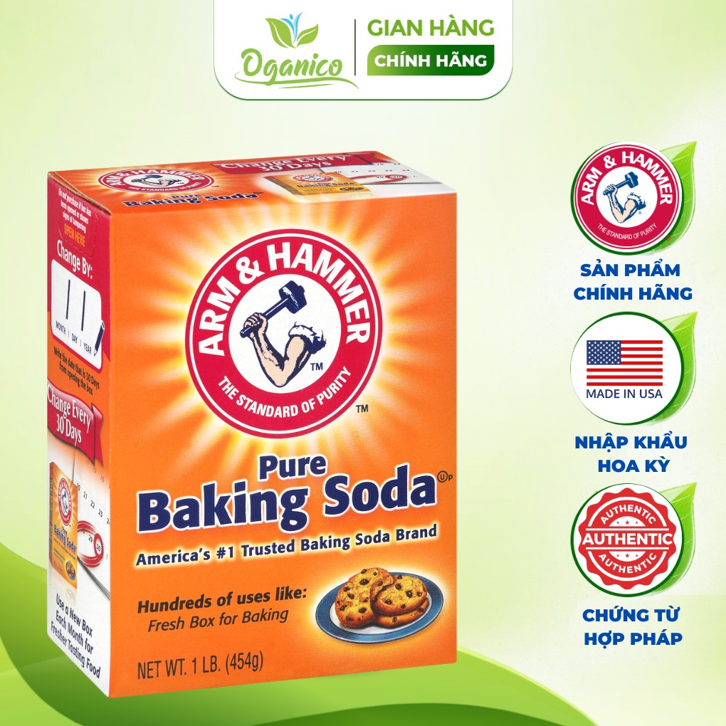 Baking soda Arm & Hammer 454g chính hãng nhập khẩu Mỹ làm bánh, làm trắng răng, tẩy quần áo, tẩy tế bào chết OGANICO
