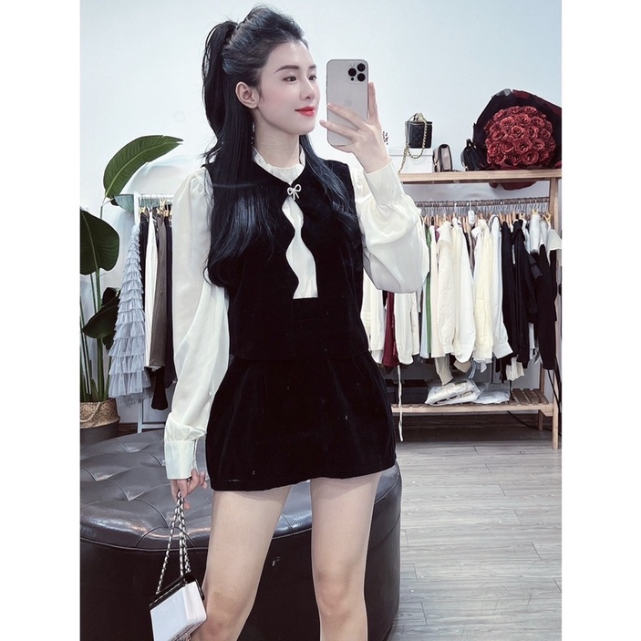 Sét nhung viền sóng cài nơ