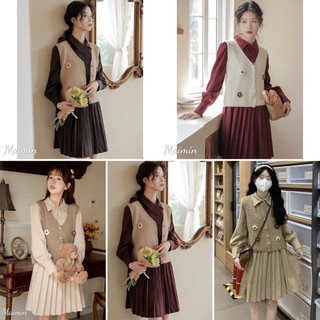 Set váy nhung gile len hoa nổi vintage hàng QC