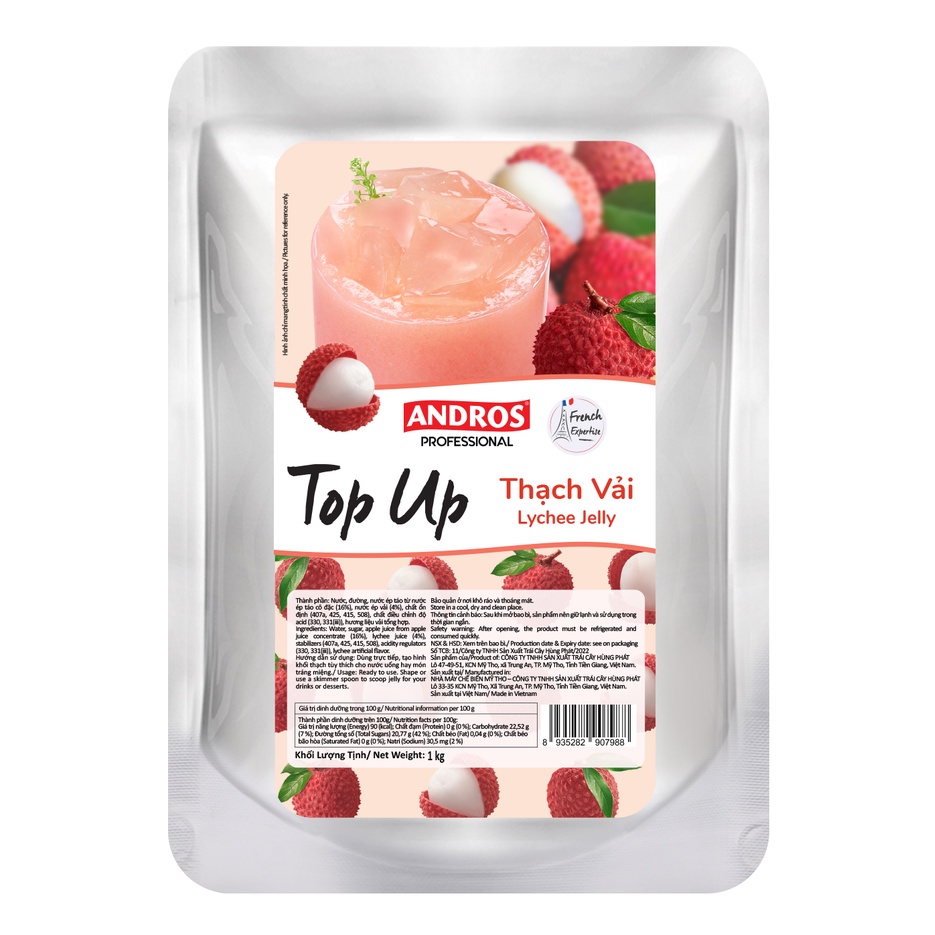 Thạch Topping Vải - Không Chất Bảo Quản - ANDROS TOP UP - Nguyên liệu pha chế - 1 KG