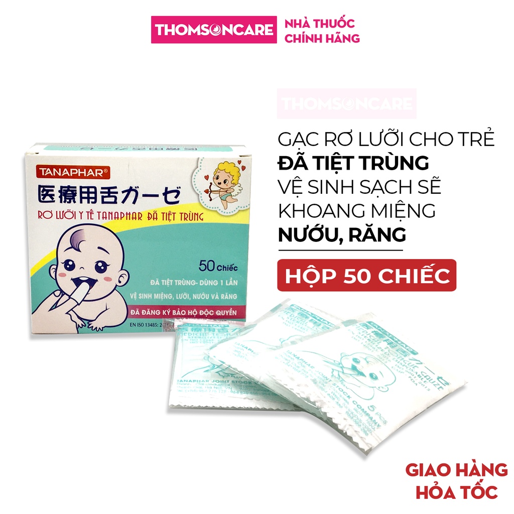 Gạc rơ lưỡi trẻ em Tanaphar đã tiệt trùng, mềm mịn, vệ sinh sạch sẽ răng miệng cho bé - Hộp 50 chiếc