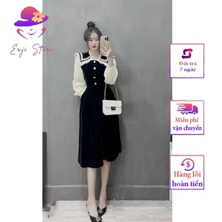 Váy nhung cổ bèo zen cúc ngọc tay dài