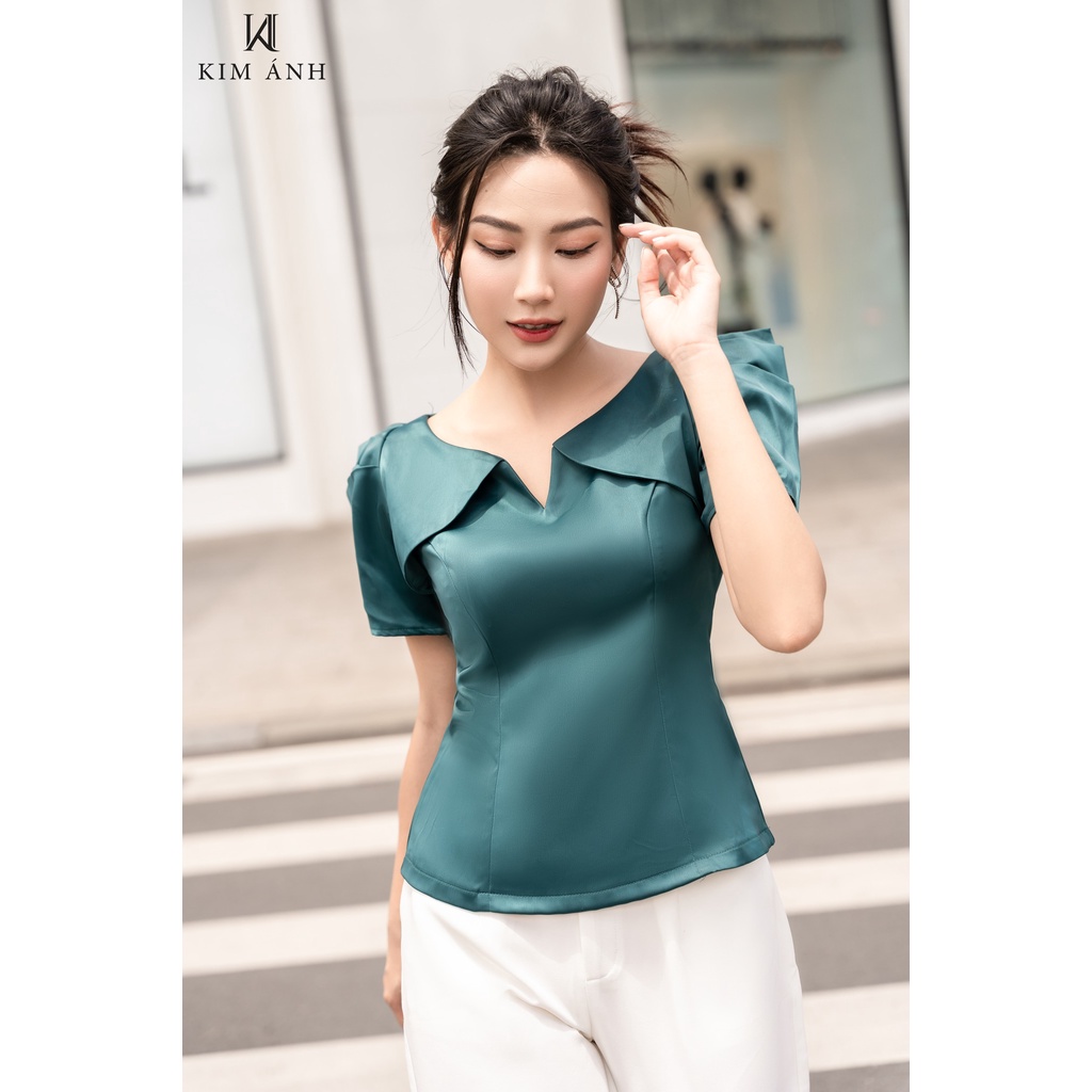 Áo Kiểu Sơ Mi Nữ Kim Ánh Tay Ngắn  Lụa Hàn Họa Tiết Trơn Phong Cách Công Sở  Nhiều Kích Thước AKSX20003