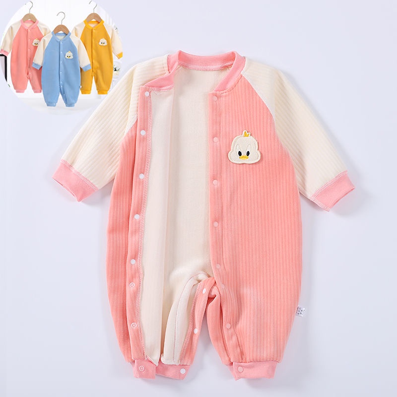 Bộ Áo Liền Quần Bằng Vải Bông Dày Dặn Giữ Ấm Mùa Thu Đông Cho Bé