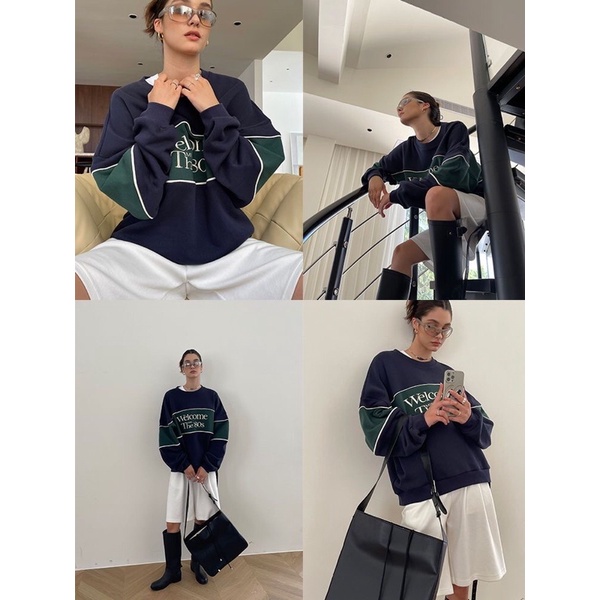 ÁO NỈ SWEATER xanh than phối màu sọc xanh lá thu đông 2022