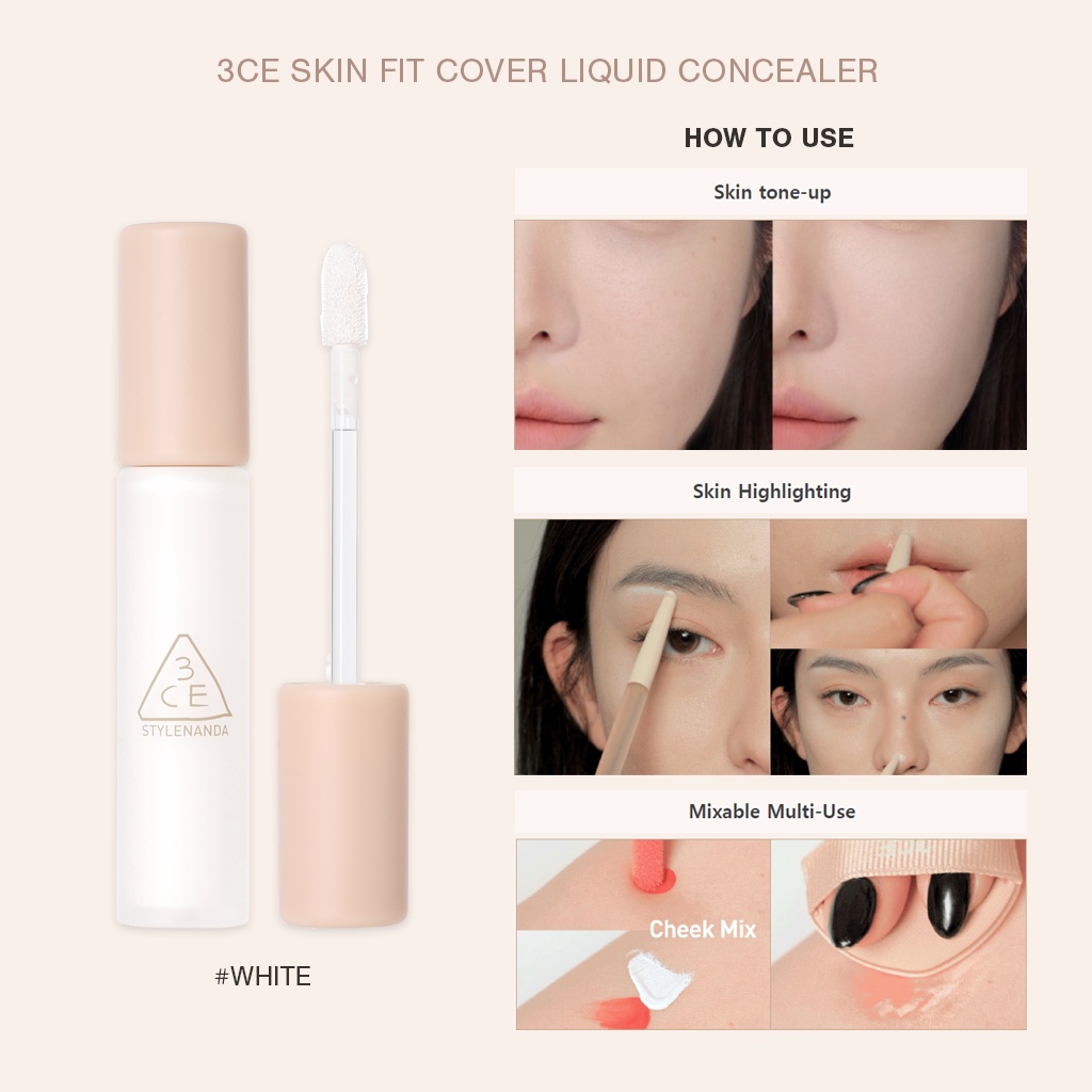 Kem che khuyết điểm 3CE dạng lỏng đa chức năng  3CE Skin Fit Cover Liquid Concealer 5.2g | Official Store Face Make up Cosmetic