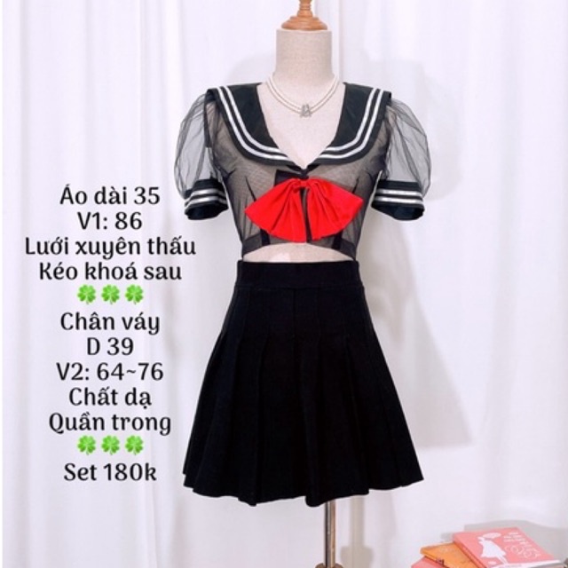 set đồ nữ áo thuỷ thủ xuyên thấu và chân váy xếp ly dạ đen