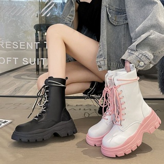 Image of Ready Stock British Style Martin Boots Women 2022 New Fashion Muffin Thick-Soled Small ins Pink Lace-Up Short