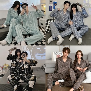 Bộ đồ ngủ tay dài vải lụa sọc caro đơn giản sang trọng cho cặp đôi