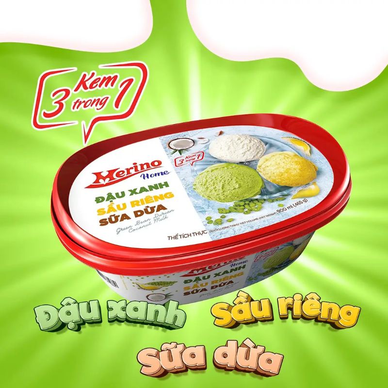 (GIAO LIỀN) KEM HỘP 3 TRONG 1 MERINO HOME 900ML ĐẬU XANH SẦU RIÊNG SỮA DỪA