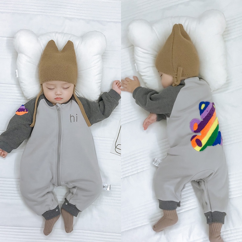 Bộ Đồ Ngủ Liền Thân Tay Dài Vải Lông Cừu Dày Dặn In Họa Tiết Hoạt Hình Phối Khóa Kéo Thời Trang Thu Đông Cho Bé