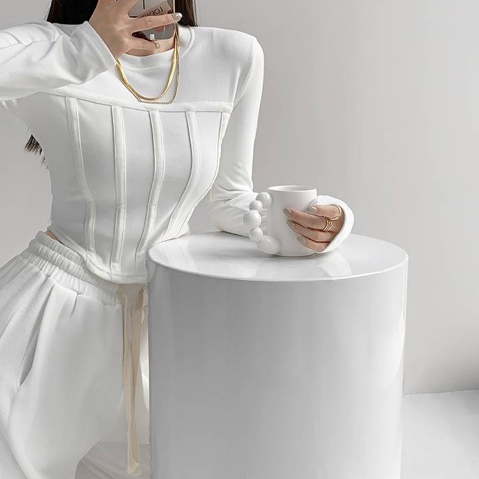 Áo kiểu SUXI tay dài cổ tròn màu trơn dáng ôm thời trang mùa thu dành cho nữ