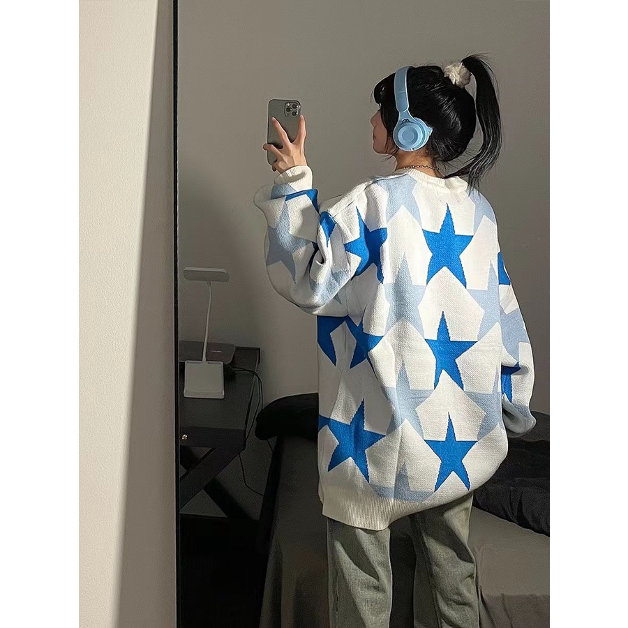 Áo Sweater Dệt Kim Cổ Tròn Dáng Rộng In Hình Ngôi Sao Thời Trang Thu Đông Hàn Quốc Cho Nữ