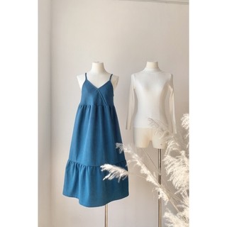 WYOU Váy 2 dây babydoll xanh cyan thu đông, thiết kế nhún tầng bigsize