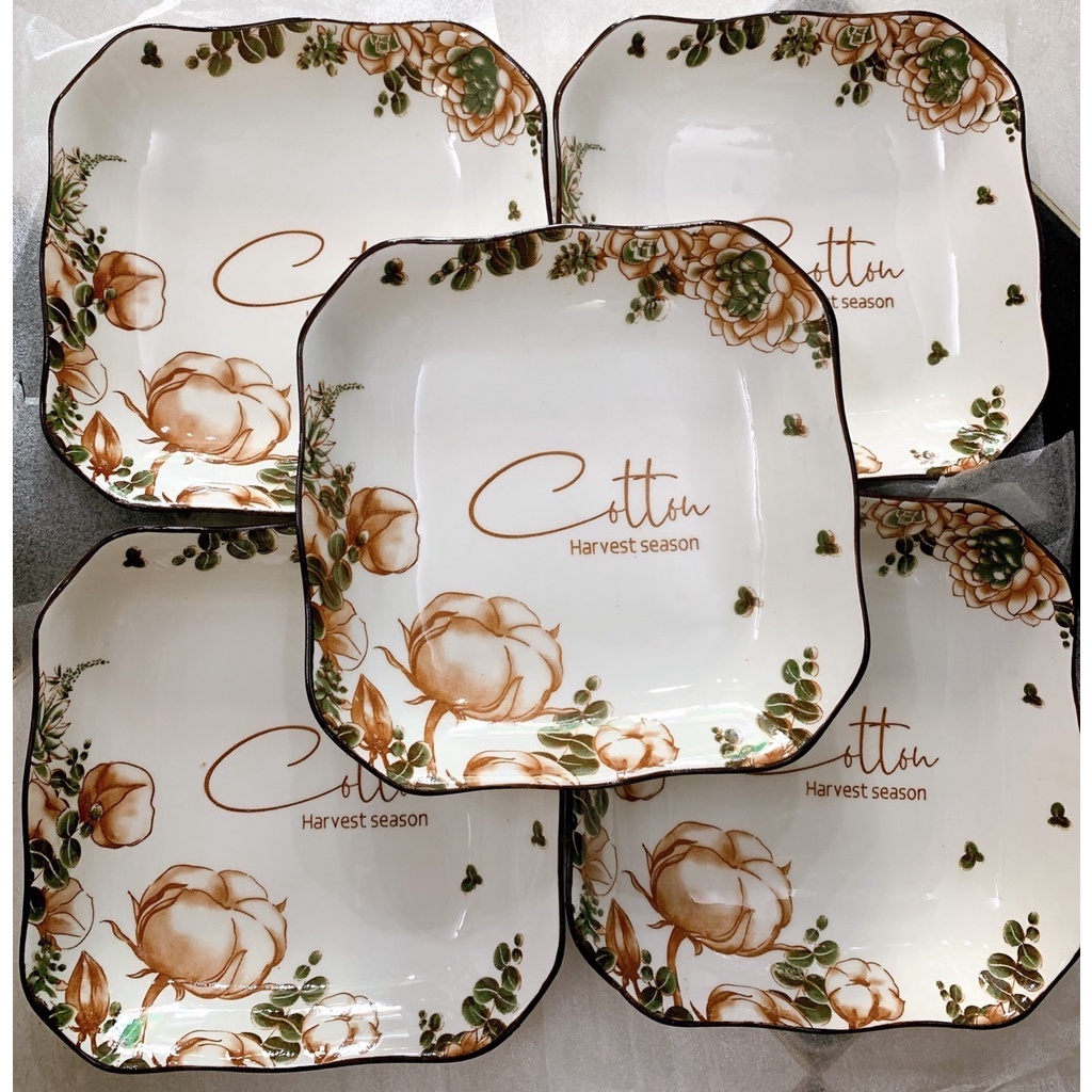 dĩa sứ vuông hoa cổ cotton cao cấp