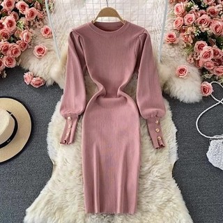 [Hàng order] Đầm len dệt kim cổ tròn tay bồng