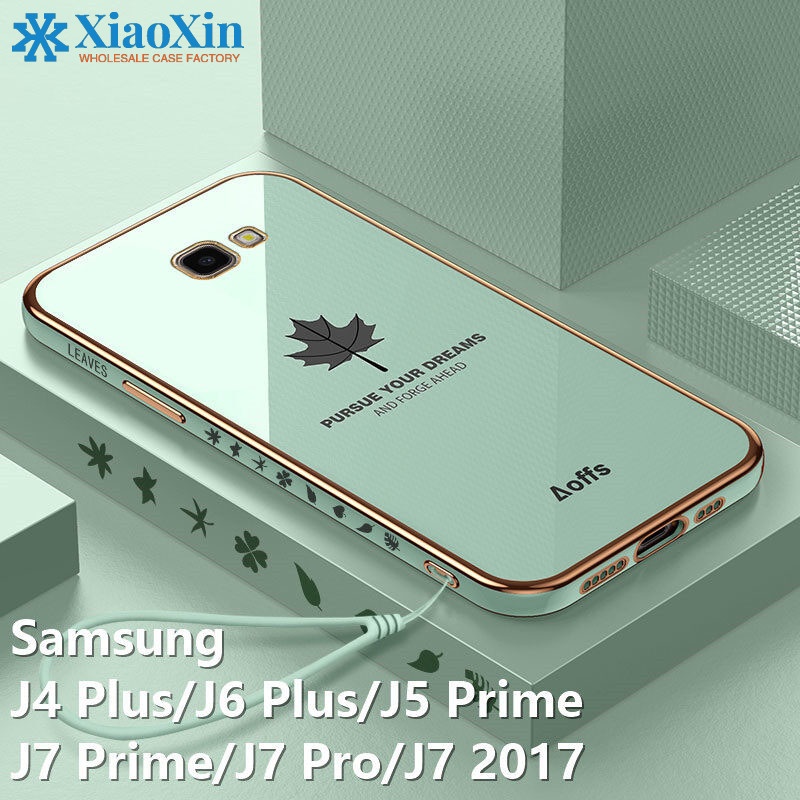 Ốp Điện Thoại TPU Mềm Mạ Chrome Hình Lá Phong + Dây Đeo Cho Samsung Galaxy J4 Plus / J6 Plus / J7 Prime / J5 Prime / J7 Pro / J7 2017