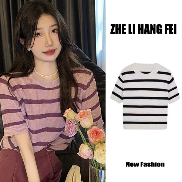 Áo kiểu ZHELIHANGFEI dệt kim tay ngắn cổ tròn dáng rộng kẻ sọc ngang trẻ trung hợp thời trang
