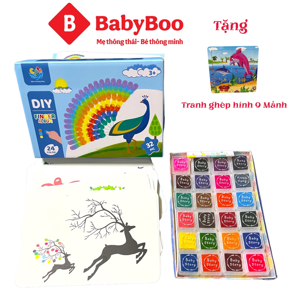 Tranh tô màu bằng ngón tay FINGER PAINT gồm 24 màu an toàn cho bé kèm 32 bức tranh với nhiều hình ảnh tư duy sáng tạo