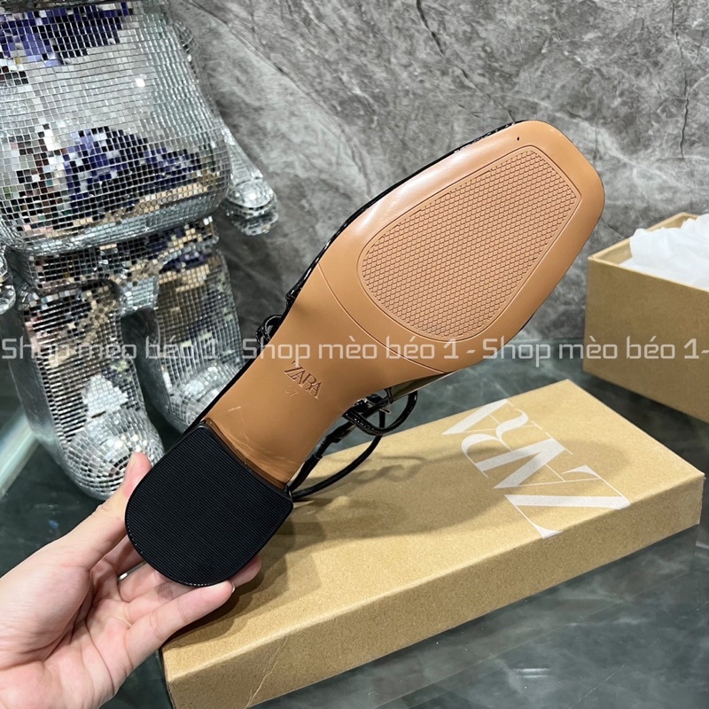 Sandal zara mũi vuông da bóng quai ngang xuất dư fullbox