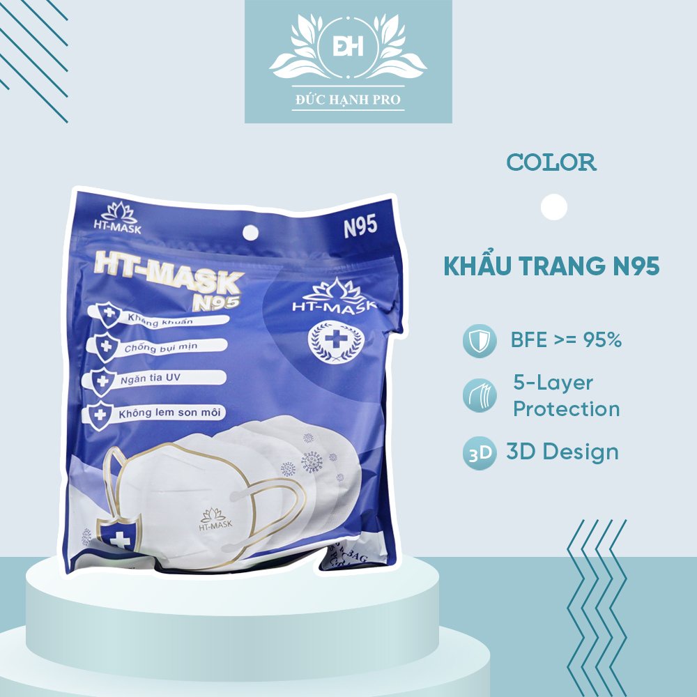 Khẩu trang N95 - Khẩu trang y tế Đức Hạnh Pro kháng khuẩn chống bụi không có van màu Trắng (Túi 10 chiếc) - NKT10