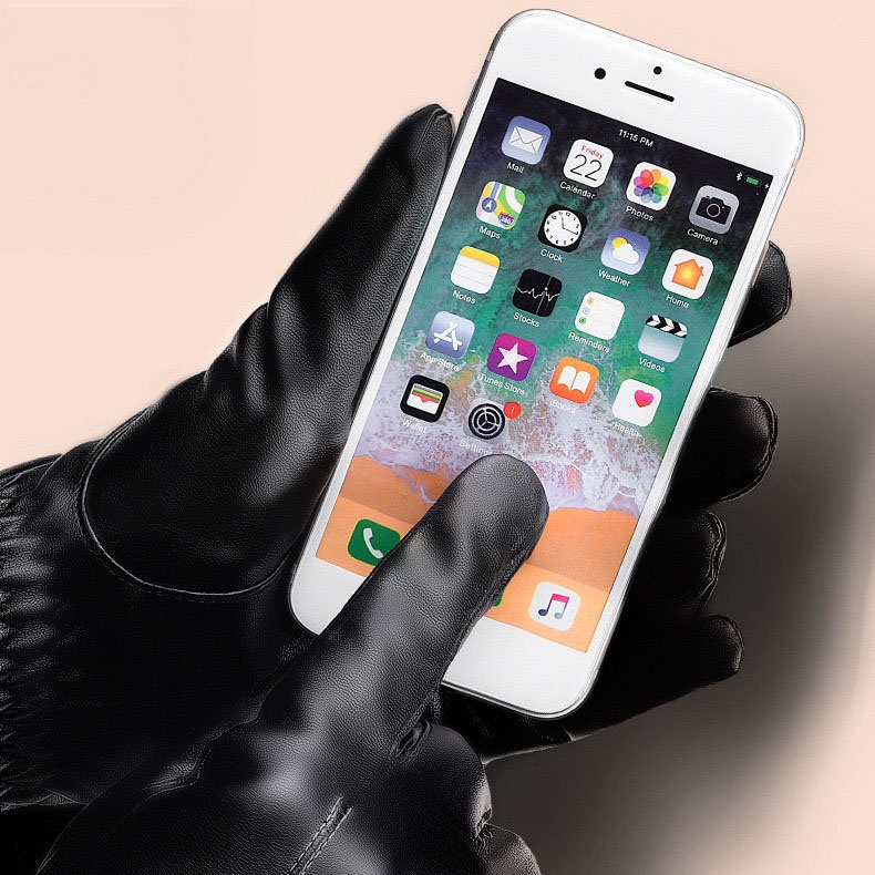 Găng tay da nam mùa đông cảm ứng chống nước lót lông giữ ấm, phong cách nam tính