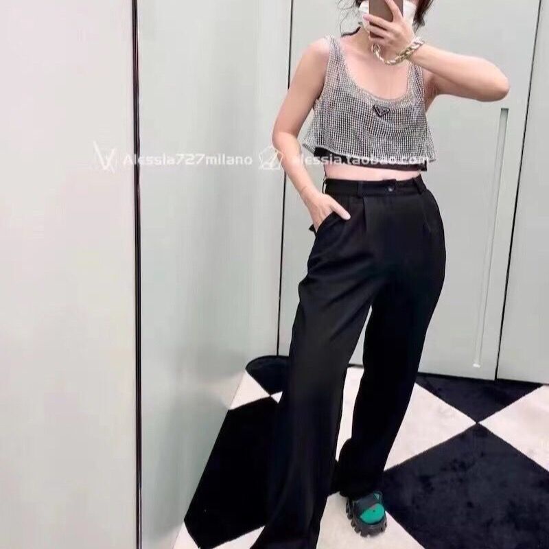 PRADA 2022 new style imitation Crystal sling two-piece set heavy industry hot drilling hollow out navel short vest sexy spot supply