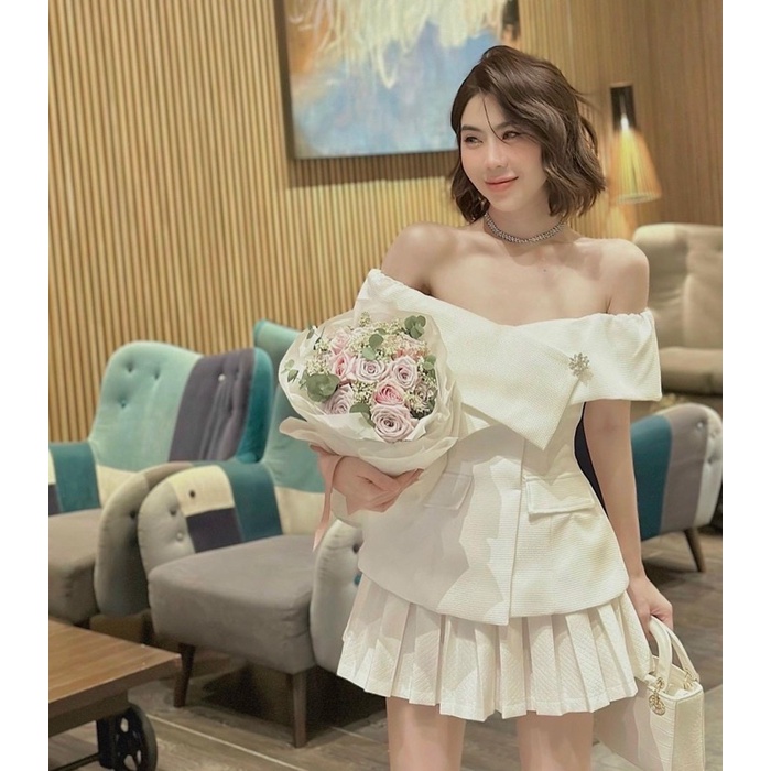 SET ÁO ĐẮP CHÉO LỆCH CHÂN VÁY XẾP LY