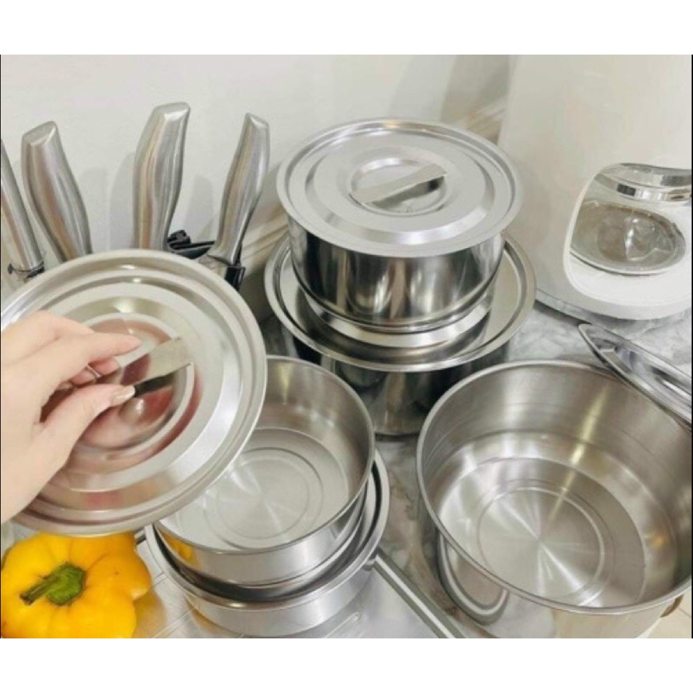 BỘ 5 NỒI INOX KHÔNG QUAI NHIỀU SIZE DÙNG BẾP TỪ TIỆN LỢI