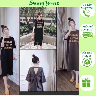 Váy suông đầm suông xoắn lưng in chữ dáng dài chất cotton