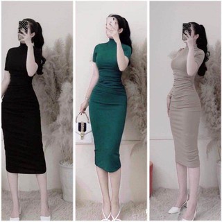Đầm body dài cổ cao nhúng 2 bên ngắn tay vải thun cotton lụa dẻo dày xịn siêu co giản, đầm ôm, váy ôm body