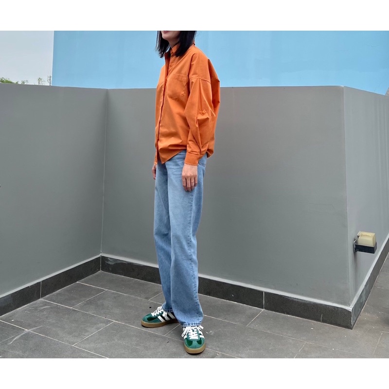 [𝗖𝗟𝗘𝗔𝗥𝗔𝗡𝗖𝗘 60] Áo Sơ-mi Form Rộng Oversie E.studio Tay Dài, Dây Cài Khuy (*Orange)