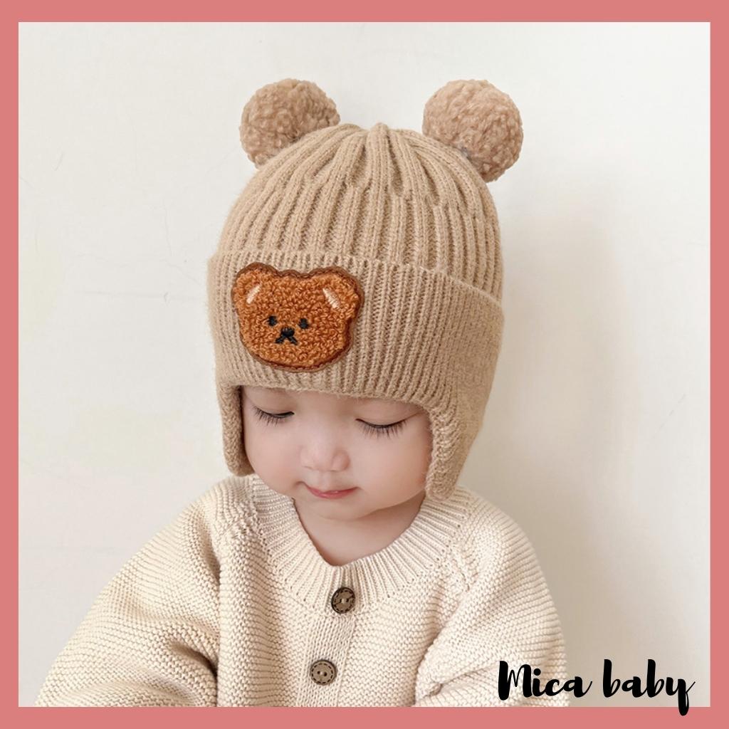 Mũ len bịt tai cục bông đính gấu dễ thương cho bé ML214 Mica baby