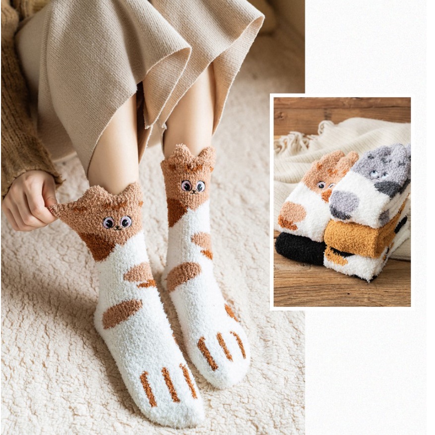 Vớ WAFNHA D392 lông cừu san hô dày ấm áp họa tiết mèo hoạt hình cho nữ