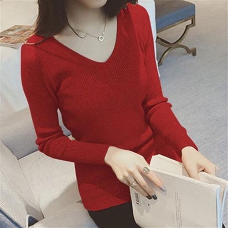 Áo Dệt Kim Tay Dài Dáng Ôm Cổ Chữ V Phong Cách Thời Trang Hàn Quốc Dành Cho Nữ