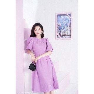 (Có size) Đầm thun xoè xếp ly eo tay phồng tím pastel phom basic