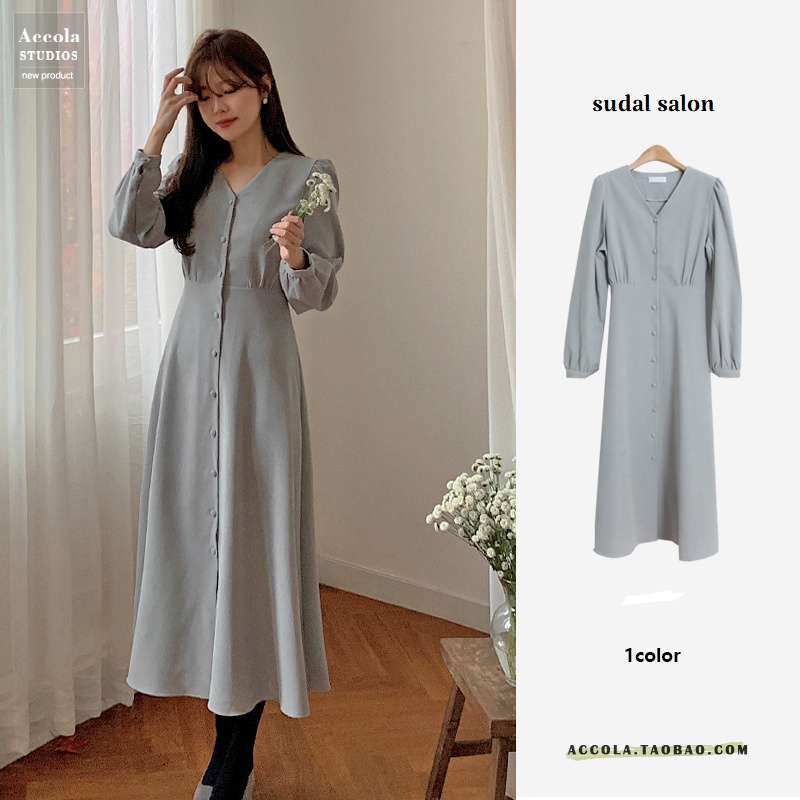 (ORDER) Váy MORAN dài tay cổ V cài dọc khuy thắt eo nhẹ nhàng vintage thanh lịch Hàn Quốc