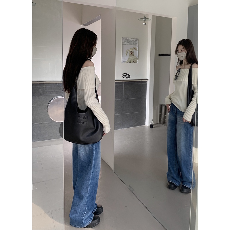 Set Áo sweater Dệt Kim Cổ Suông + Quần Jean Ống Rộng Đa Năng Thời Trang Cho Nữ