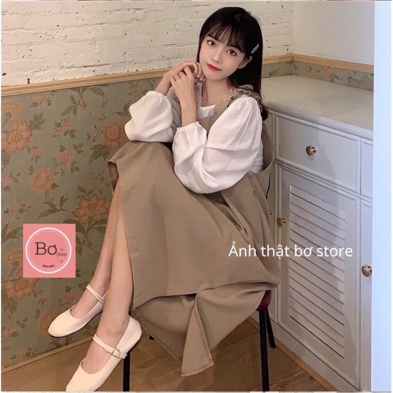 Set Váy Yếm Nhung Nhỏ Xẻ Tà Vintage Xinh Xắn Kèm Áo Thun 2 Màu