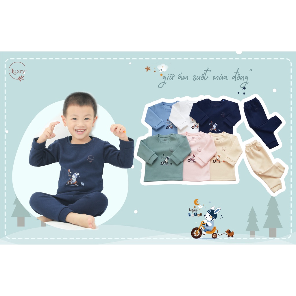 Bộ quần áo dài cài vai thỏ thương hiệu Luxry chất vải dày dặn dành cho mùa thu đông cho bé từ 9 tháng đến 6 tuổi