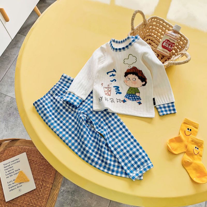 Bộ Mặc Ngủ Dài Tay Cho Bé Chất Cotton Quần Caro Xanh