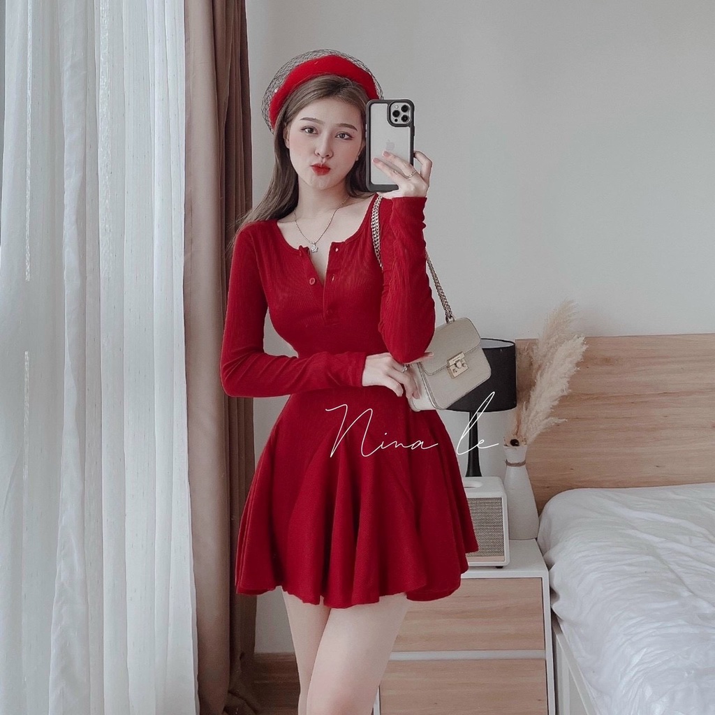 Đầm váy nữ dáng xòe thun gân tay dài 2 màu trẻ trung năng động tôn dáng cực xinh dực tiệc dạo phố đi chơi