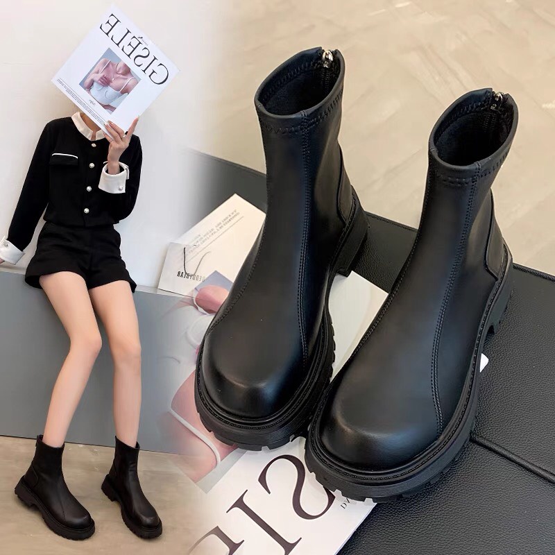 Bốt nữ chất liệu da Pu cao cấp, Bốt cổ tròn đế răng cưa ,Boot nữ khoá kéo sau, lót nỉ êm