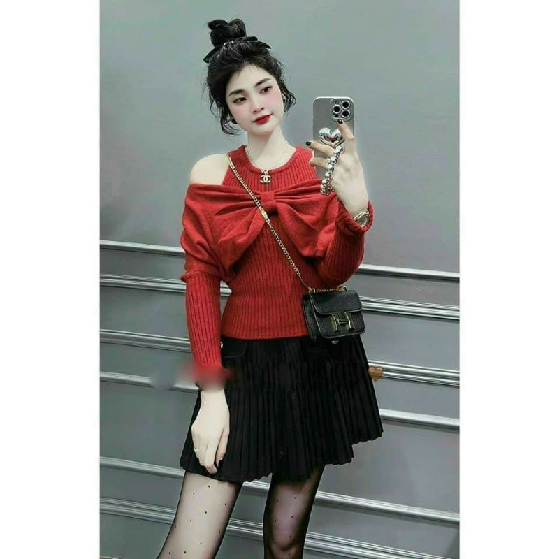 Áo len tăm, áo kiểu Hở Vai đính nơ to phong cách sexy cá tính